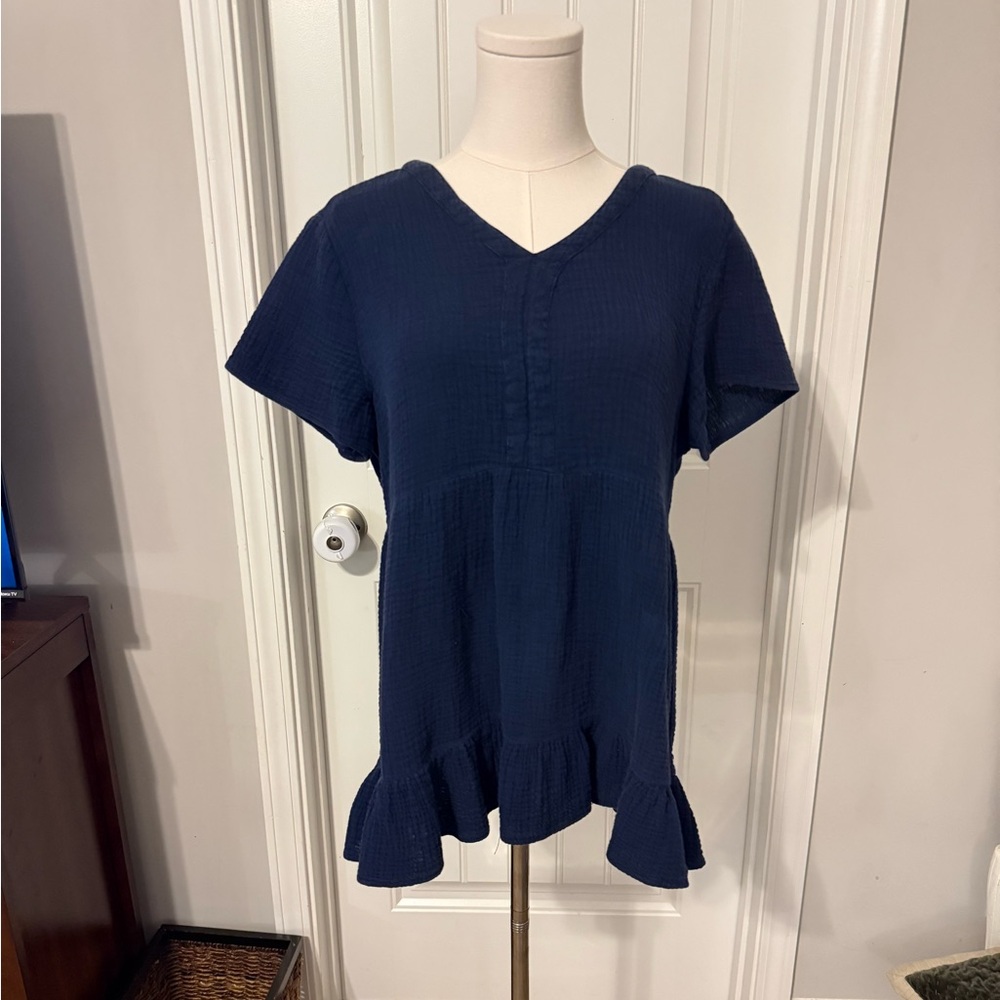 beachlunchlounge Navy Blue Ruffle Hem Blouse